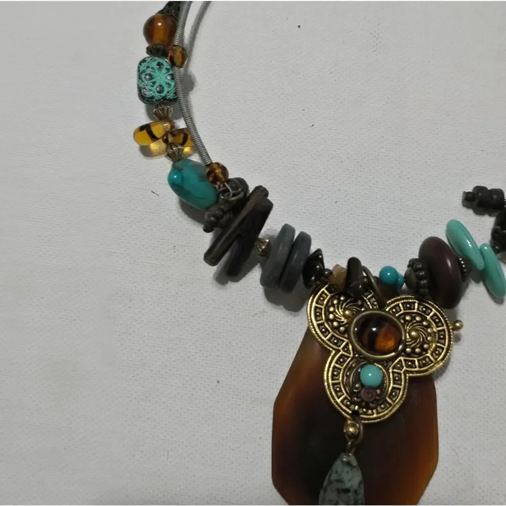 Treska‎ Turquoise and Brown Pendant Wrap Collar Necklace New